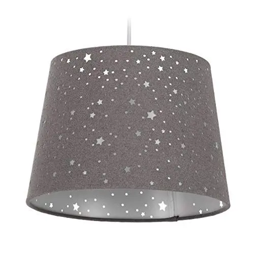Produktbild: Relaxdays Kinderzimmerlampe Sterne, hängende Schirmlampe, Jungen & Mädchen, Sternenhimmel, E27, runder Stoffschirm, grau, 10028042_111