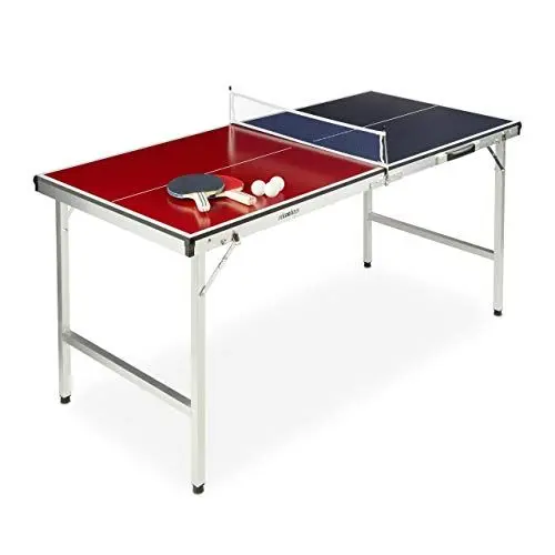 Produktbild: Relaxdays Klappbare Tischtennisplatte, tragbar, Netz, 2 Schläger, 3 Bälle, Alu, MDF, HBT: 67,5 x 151 x 67,5 cm, blau/rot