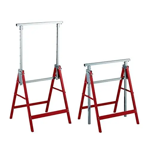 Produktbild: Relaxdays Klappbock, 2er Set, 7-Fach höhenverstellbar, bis 200 kg, klappbare Arbeitsböcke, Werkstatt, Stahl, rot/Silber