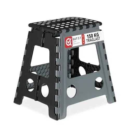 Produktbild: Relaxdays Klapphocker faltbar, Camping Hocker, Kinder Badhocker, bis 150 kg, Kunststoff, HBT: 39x39x32 cm, grau/schwarz