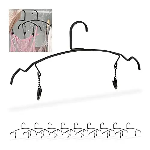 Produktbild: Relaxdays Kleiderbügel 10er Set, Dessous & Lingerie Bügel mit 2 Klammern, Unterwäschebügel Metall, 33 cm breit, schwarz