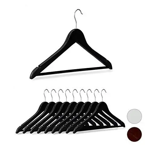 Produktbild: Relaxdays Kleiderbügel Holz, 10er Set, Kerben, Hosensteg, Garderobenbügel, 360° drehbarer Haken, 44,5 cm breit, schwarz