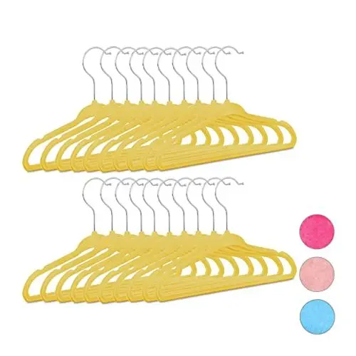 Produktbild: Relaxdays Kleiderbügel Kinder 20er Set, rutschfest, Kinderbügel Samtbezug, weiche Babybügel, 360° drehbare Haken, gelb, 28 x 18 x 0,5 cm