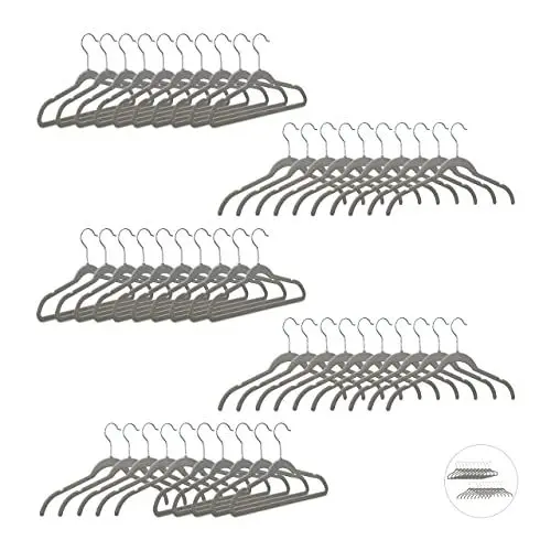 Produktbild: Relaxdays Kleiderbügel Samt, platzsparende Bügel, Rutschfester Velourbezug, Haken 360° drehbar, Anzug, 50er Set, grau