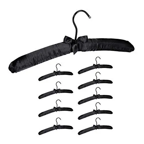 Produktbild: Relaxdays Kleiderbügel Satin, 10er Pack, weich gepolstert, 360° drehbarer Haken, dekorative Schleife, 38 cm, schwarz