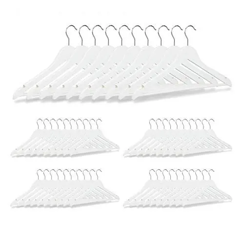 Produktbild: Relaxdays Kleiderbügel im 50er Set, Hosenstange, für Röcke, Hemden, Jacken, Haken 360° drehbar, stabil, Holz, weiß