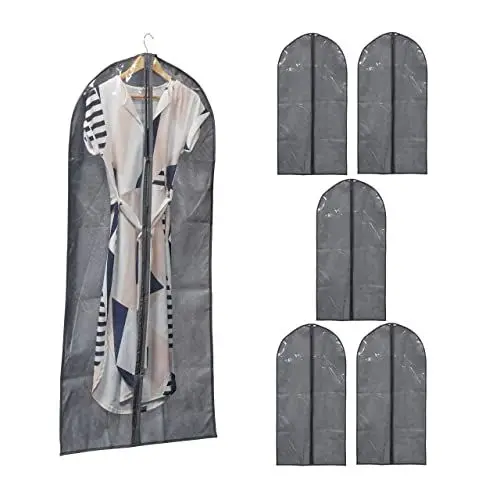 Produktbild: Relaxdays Kleidersack 6er Set, mit Reißverschluss, 135 x 60 cm, Vlies, Schutzhülle Anzug, Kleid, Hemd, grau/transparent, 135 x 60 x 0,1 cm