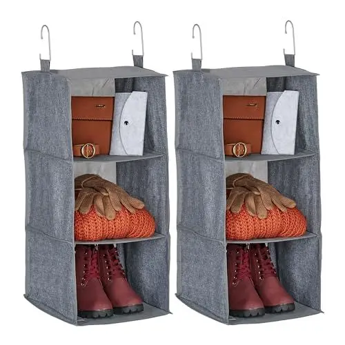 Produktbild: Relaxdays Kleiderschrank Hängeregal 2er Set, 3 Fächer, Stoff, HBT: 73x30x30 cm, je 2 Haken, Schrankaufbewahrung, grau