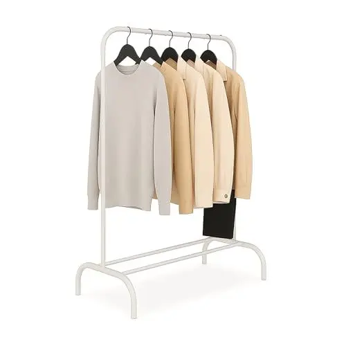 Produktbild: Relaxdays Kleiderständer, HxBxT: 150 x 110 x 40 cm, mit Ablage & Kleiderstange, Metall, stabil, Garderobenständer, weiß