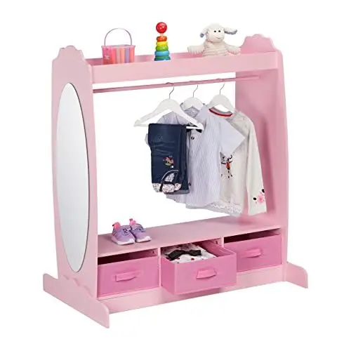 Produktbild: Relaxdays Kleiderständer Kinder, 5 Fächer, Kleiderstange Kinderzimmer, Haken und Spiegel, HBT: 107 x 97,5 x 61 cm, rosa