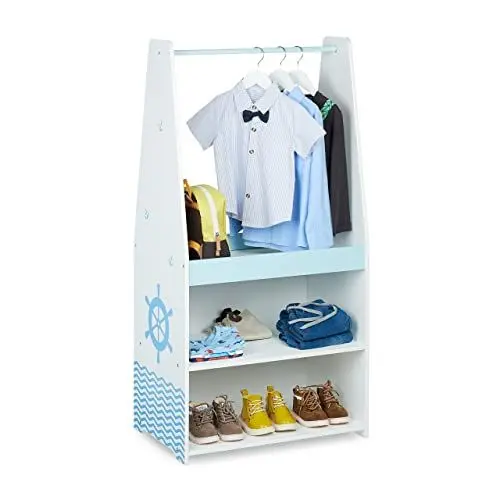 Produktbild: Relaxdays Kleiderständer Kinder, HxBxT: 120 x 60 x 40 cm, Kleiderstange, 3 Fächer, Garderobe Kinderzimmer, blau/weiß
