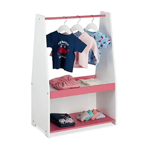 Produktbild: Relaxdays Kleiderständer Kinder, Kleiderstange & 2 Ablagen, HxBxT: 90 x 60 x 30 cm, Garderobe Kinderzimmer, weiß/rosa