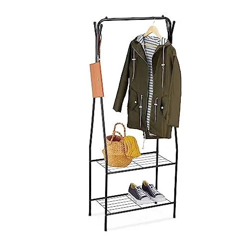 Produktbild: Relaxdays Kleiderständer Metall, 2 Ablagen & 4 Haken, Kleiderstange, HxBxT: 158 x 60 x 33 cm, Garderobenständer, schwarz
