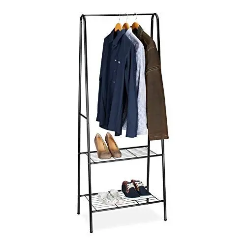 Produktbild: Relaxdays Kleiderständer SANDRA mit 2 Ablagen, Metall, Garderobenständer, mit Kleiderstange, HBT: 160 x 61,5 x 38 cm, schwarz