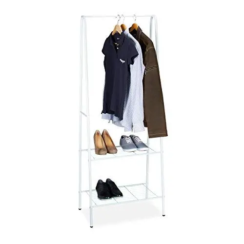 Produktbild: Relaxdays Kleiderständer SANDRA mit 2 Ablagen, Metall, Garderobenständer, mit Kleiderstange, HBT: 160 x 61,5 x 38 cm, weiß