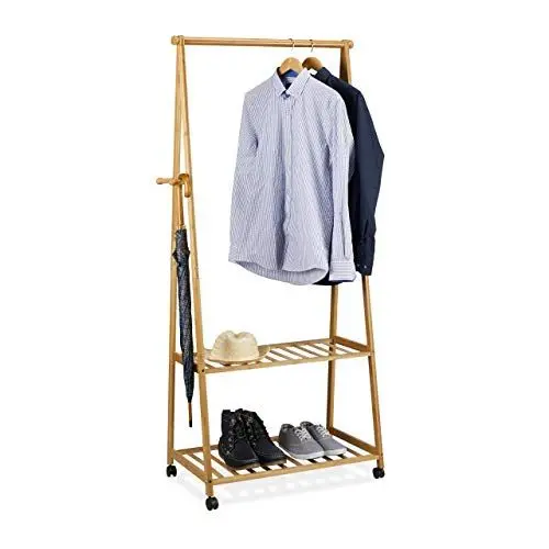 Produktbild: Relaxdays Kleiderständer auf Rollen, Bambus, 2 Schuhablagen, Kleiderstange, HxBxT 166 x 84 x 45 cm, Rollgarderobe, natur