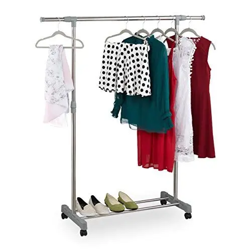 Produktbild: Relaxdays Kleiderständer auf Rollen, mit Kleiderstange & Ablage, verstellbar: Höhe 95-165 cm, Breite 94-160 cm , silber