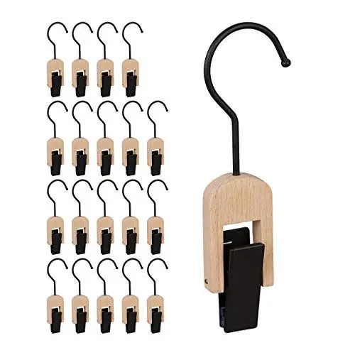 Produktbild: Relaxdays Klemmhaken 5er Set, gummiert, Kleiderklammer mit Haken, für Tücher & Mützen, aus Holz & Eisen, schwarz-Natur