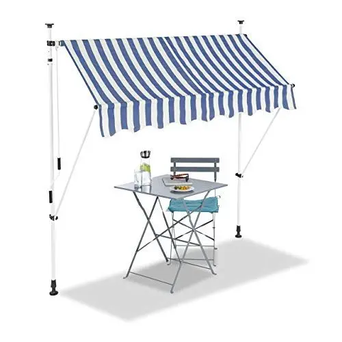 Produktbild: Relaxdays Klemmmarkise, Balkon Sonnenschutz, einziehbar, Fallarm, ohne Bohren, verstellbar, 200 cm breit, blau gestreift