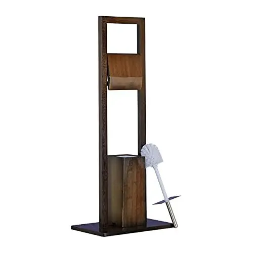 Produktbild: Relaxdays, Klobürste, Klopapierhalter, Toilettenbürste, Toilettenpapierhalter, Bambus, HBT 82x36x21cm, braun WC Garnitur, Edelstahl, Kunststoff, Dunkelbraun, 36 x 21 x 82 cm