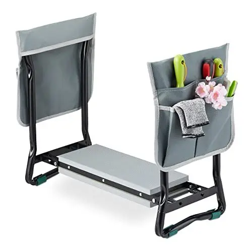 Produktbild: Relaxdays Kniebank für Gartenarbeit, gelenkschonend, klappbar, bis 150kg, gepolsterte Kniehilfe, 2 Taschen, schwarz/grau
