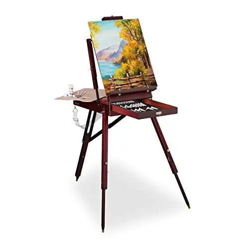Produktbild: Relaxdays Kofferstaffelei Holz, 35-TLG., inkl. Pinsel Set, Mischpalette, Leinwand, Wasser-, Öl- und Acrylfarben, braun