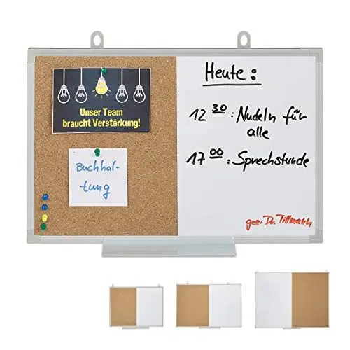 Produktbild: Relaxdays Kombitafel 2 in 1, Kork Pinnwand & Magnettafel, Aluminiumrahmen, Kombiboard mit Ablage, 30 x 45 cm, weiß/Natur