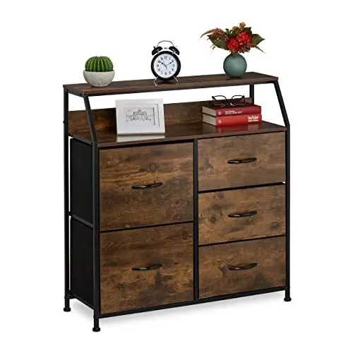 Produktbild: Relaxdays Kommode, 5 Schubladen, 2 Ablagen, Bücher & Deko, Regalkommode Industrial, HxBxT: 87x84x32 cm, braun/schwarz