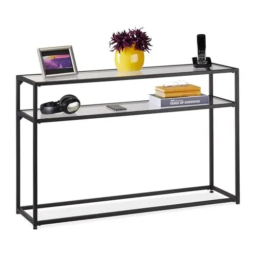 Produktbild: Relaxdays Konsolentisch, 2 Ablagen, schmaler Eingangstisch, Flur & Wohnzimmer, Metall, Glas, HBT: 70x110x30 cm, schwarz