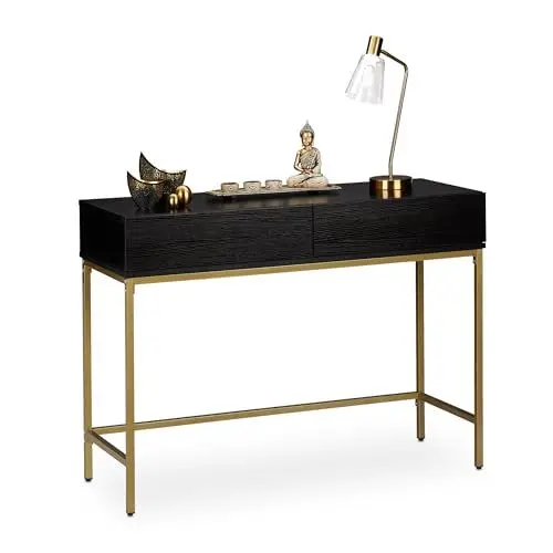 Produktbild: Relaxdays Konsolentisch, 2 Schubladen, Sideboard Flur, Wohnzimmer, Ablagetisch Holzoptik, HBT 80x110x40 cm, schwarz/gold