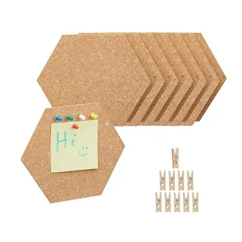 Produktbild: Relaxdays Korkpinnwand 14er Set, sechseckige Korkwände, Büro Pinnwände mit Pins & Klammern, HBT: 17,5x20x0,5 cm, Natur