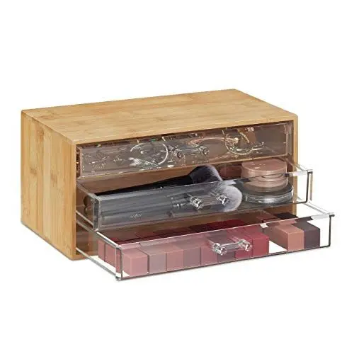 Produktbild: Relaxdays Kosmetik Organizer, 3 Schubladen, Make Up & Schmuckaufbewahrung, HBT 15x30x17,5cm, Bambus Schubladenbox, Natur, PS, 1 Stück