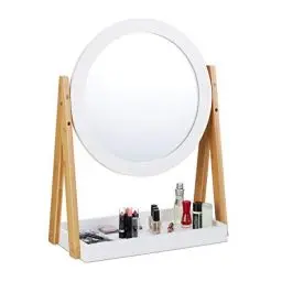 Produktbild: Relaxdays Kosmetikspiegel, schwenkbar, mit Ablage für Make Up, Kosmetik, Tischspiegel ∅ 32,5 cm, Bambus, MDF, weiß-Natur