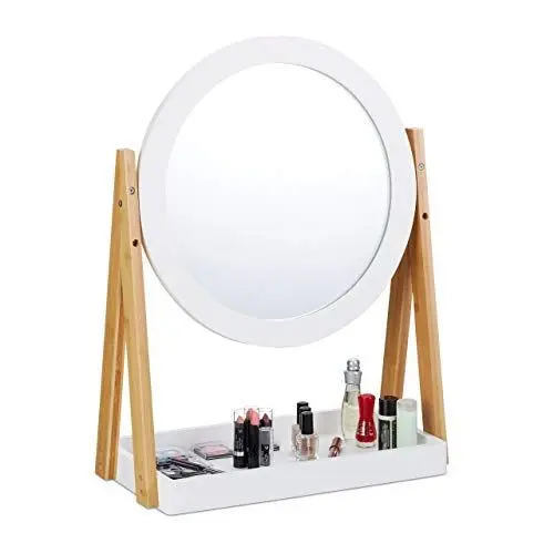 Produktbild: Relaxdays Kosmetikspiegel, schwenkbar, mit Ablage für Make Up, Kosmetik, Tischspiegel ∅ 32,5 cm, Bambus, MDF, weiß-Natur