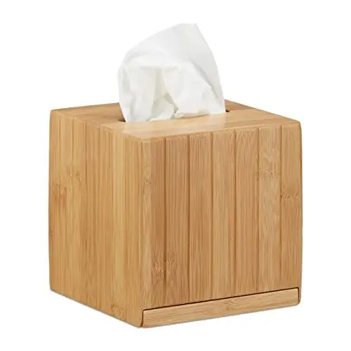 Produktbild: Relaxdays Kosmetiktücherbox quadratisch, Taschentuchbox Holz, Kosmetikbox Bambus, Tücherbox, HBT: 14 x 14 x 14 cm, natur
