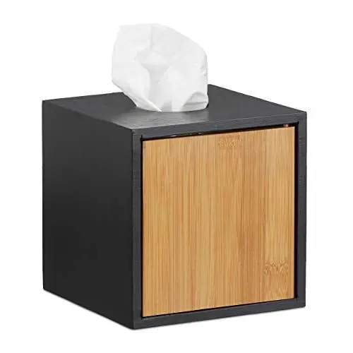 Produktbild: Relaxdays Kosmetiktücherbox schwarz, Taschentuchbox quadratisch, Kosmetikbox Bambus, HxBxT: 14,5 x 14,5 x 14,5 cm, black