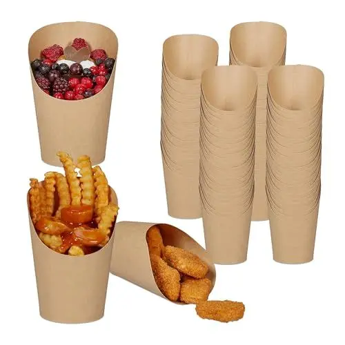 Produktbild: Relaxdays Kraftpapier Becher 100er Set, abgeschrägt, Pommes, EIS, Popcorn, Snacks to go, 400ml, Snackbecher Pappe, braun