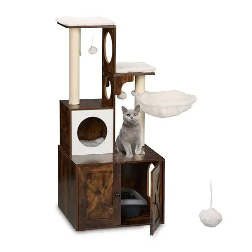 Produktbild: Relaxdays Kratzbaum mit Katzenkloschrank, HBT 128x95x52 cm, Sisalstämme & Liegemulde, Industrial, Katzenturm, braun-weiß