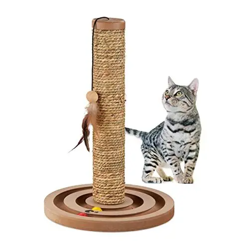 Produktbild: Relaxdays Kratzsäule für Katzen, HxD: 45 x 30 cm, Kratzstamm mit Spielzeug, Seegras-Seil, interaktiver Kratzbaum, braun