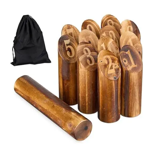 Produktbild: Relaxdays Kubb Wikingerspiel, finnisches Wurfspiel, Holz, Outdoorspiel mit Nummern, Erwachsene & Kinder, Tasche, braun