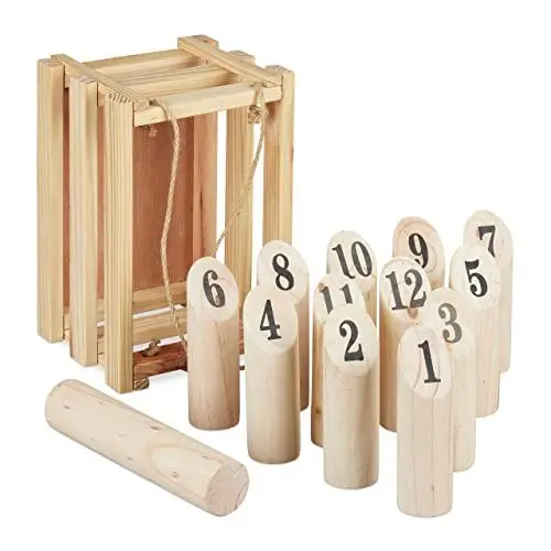 Produktbild: Relaxdays Kubb, mit Transportbox, finnisches Wurfspiel, Erwachsene & Kinder, Wikinger Spiel, für draußen, Holz, Natur
