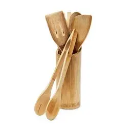 Produktbild: Relaxdays Küchenhelfer Set Bambus 7-teilig 30 cm lang als Kochlöffel Set aus Holzlöffel Pfannenwender (je 2) und Salatzange Gabel mit Halter bzw. Ständer für Kochbesteck als Küchenutensilien, natur