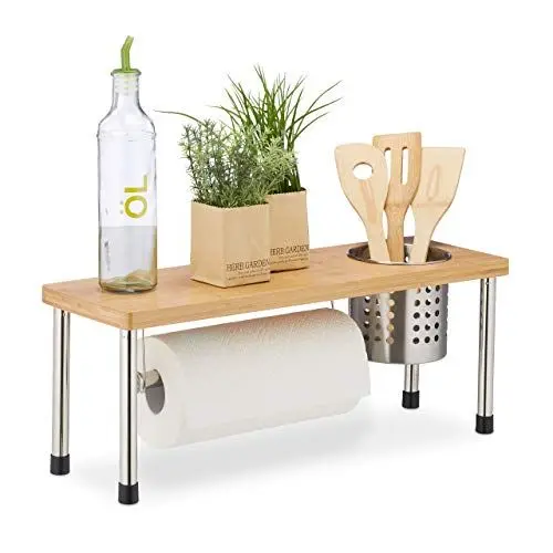 Produktbild: Relaxdays Küchenregal für Arbeitsplatte, Küchenrollenhalter & Besteckkorb, Gewürzregal, Bambus & Edelstahl, natur/silber, 21 x 55 x 18 cm