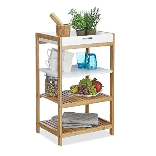 Produktbild: Relaxdays Küchenregal mit abnehmbarem Tablett, aus Bambus, als Badregal freistehend, HBT 70 x 43 x 33 cm, natur, weiß