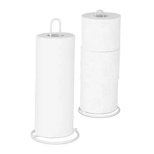 Produktbild: Relaxdays Küchenrollenhalter 2er Set, stehend, für Küchen- und Toilettenrollen, Metall, schlicht, HxD 32x13 cm, weiß