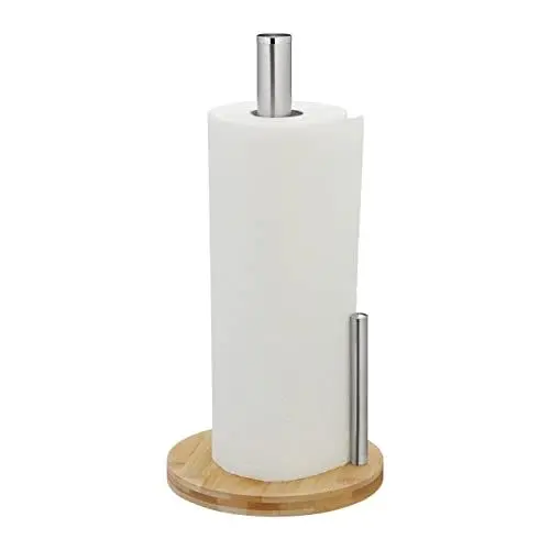 Produktbild: Relaxdays Küchenrollenhalter stehend, Bambus & Edelstahl, Rollenhalter mit Abrollstop, H x D: 33 x 16 cm, Natur/Silber