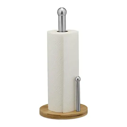 Produktbild: Relaxdays Küchenrollenhalter stehend, Bambus & Edelstahl, Rollenhalter mit Abrollstop, H x D: 35 x 16 cm, Natur/Silber