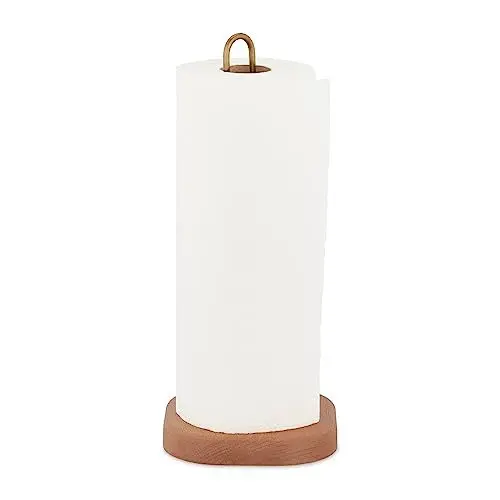 Produktbild: Relaxdays Küchenrollenhalter stehend, Buchenholz, eckig, Rollenhalter für Küche, HxBxT: 30,5 x 13 x 13 cm, Natur/Gold