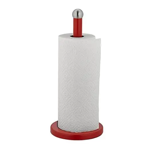 Produktbild: Relaxdays Küchenrollenhalter stehend, Edelstahl, Papierrollenhalter für Küche, HxD: 35 x 15 cm, Rollenhalter, rot/Silber