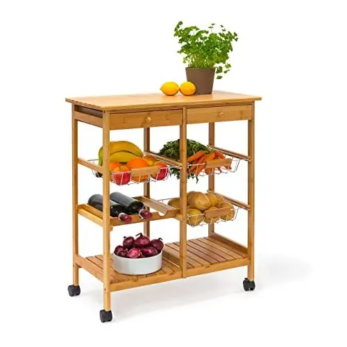 Produktbild: Relaxdays Küchenrollwagen James XXL H x B x T: ca. 80 x 67 x 37 cm Servierwagen mit Ablagen aus Bambus mit 2 Schubladen und 3 Körben als rollbarer Küchenwagen mit Weinregal bzw. Flaschenregal, natur
